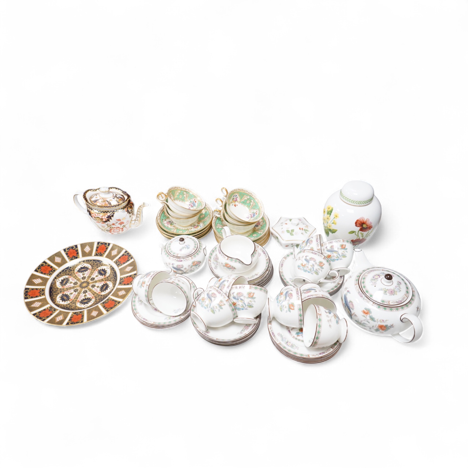 A Wedgwood Kutani crane part tea service, a collection of Cauldon tea wares and two pieces of Crown Derby Imari, largest 27cm in diameter
